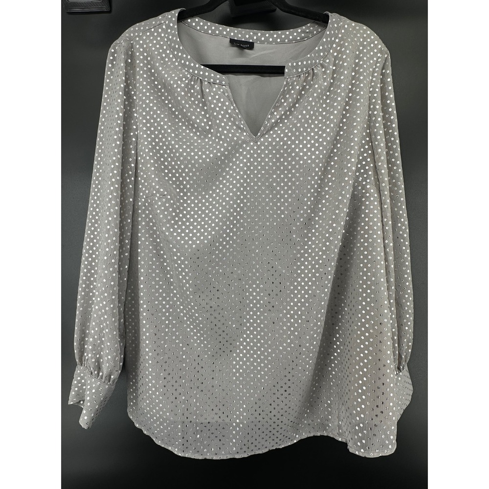 Talbots Gray Silver Metallic Polka Dot Blouse XL Split V-Neck Long Sleeve Lined